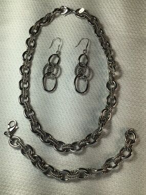 Vintage Chunky Milor SS Textured Link Necklace, Bracelet, Drop Earrings
